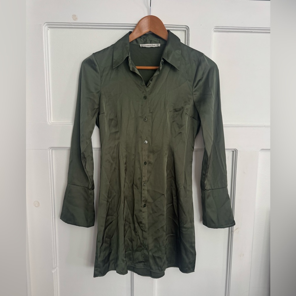 Abercrombie & Fitch Olive Green Satin Shirt Dress